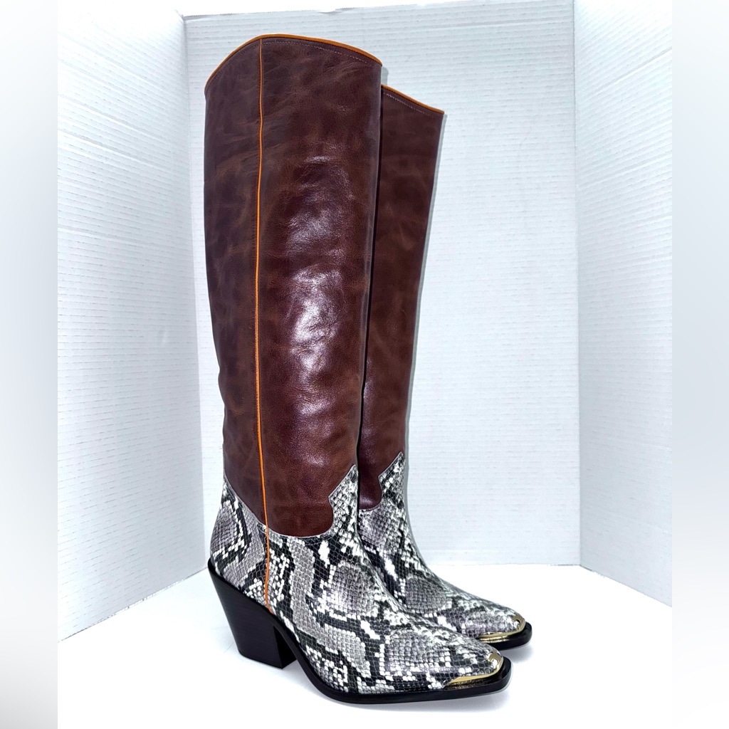 Tory Burch Western Tall Ranch Brown / Natural Roccia Boots 10